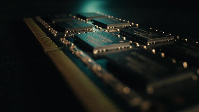 Red laser light scanning a memory module to represent high speed data transmission and network transfer. Macro shot focusing on electronic components and semiconductor chips.