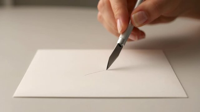Hand holding craft carefully scoring a line on white paper, close-up shot