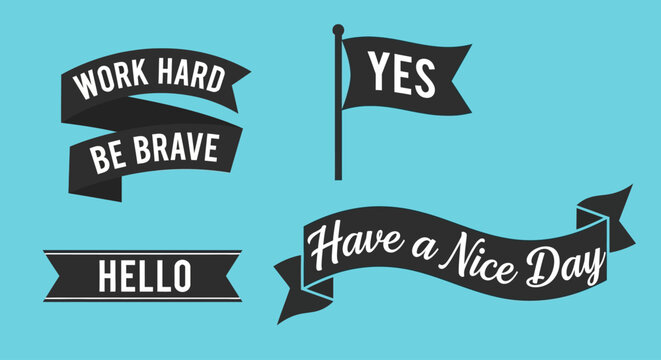 Vector banners and flag with motivational phrases and greetings. Flat design black ribbons on a vibrant blue background, ideal for inspiring digital graphics