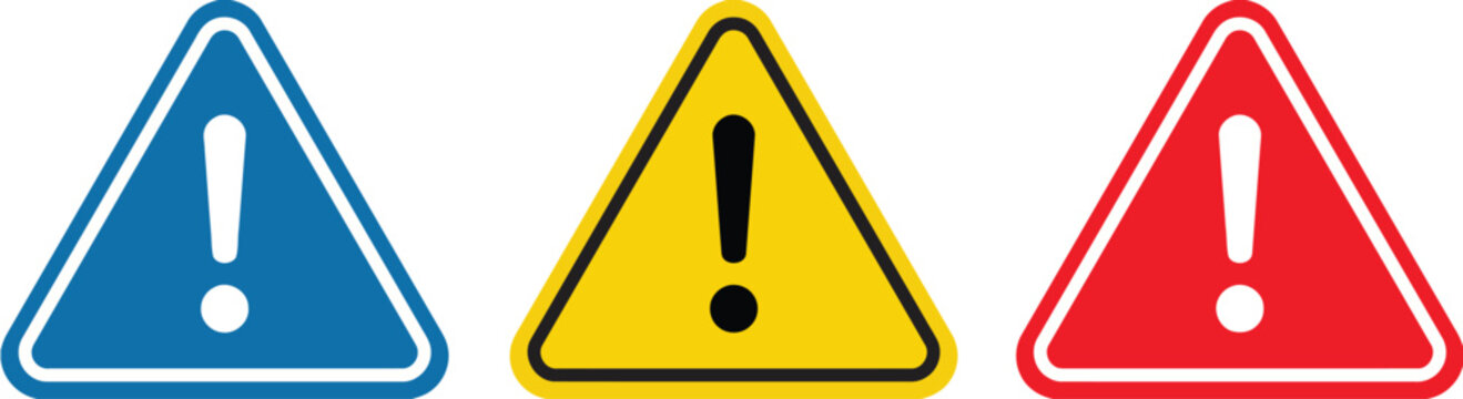 Cautionary symbols three triangular warning signs featuring exclamation marks in red, blue, and yellow, signifying alerts and attention-grabbing notices