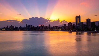 Obraz premium Vibrant sunset over a serene city skyline by the water
