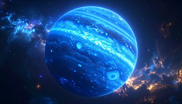 Striking Blue Planet in a Nebula-Filled Cosmic Landscape.