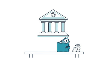 Fototapeta premium A cartoon bear sitting on a table with stacks of coins and a bank building.