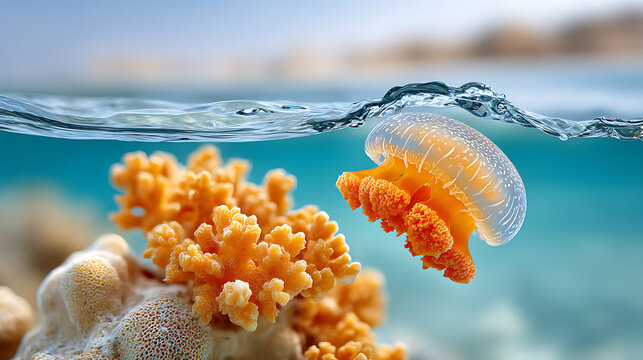 Jellyfish drifting near coral reefs, showing delicate marine interactions and the diversity of ocean ecosystems.