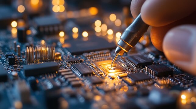 Close-up of a technician testing a circuit board with a pen