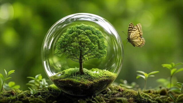 A glass orb containing a miniature tree and butterfly on a green background, representing ecological balance.