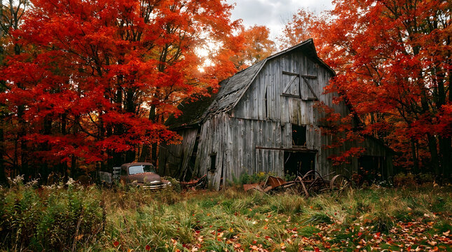 Old barn with vibrant red trees and rusty tractor in autumn