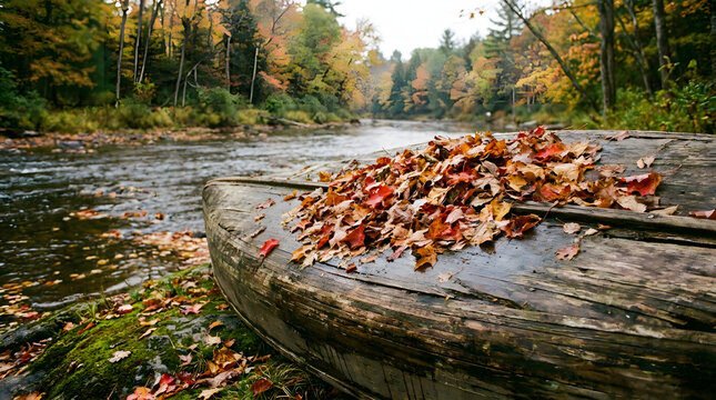 A canoe sits on the riverbank covered in autumn leaves