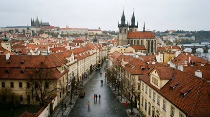 Obraz premium Prague Old Town street view with red rooftops and gothic architecture on a rainy day