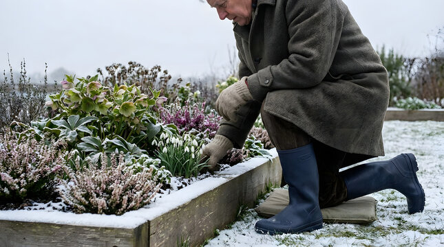 Elderly man gardening in winter snow tending to frost covered hellebores and snowdrops