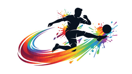 Fototapeta premium A soccer player kicks a colorful ball with dynamic motion and vibrant splashes.