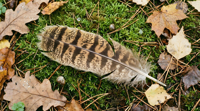 Detailed close-up of a patterned bird feather resting on mossy forest floor with fallen autumn leaves