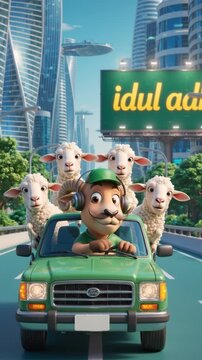 A cartoon sheepish driver with four sheep in a green truck