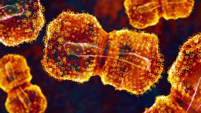 4K Ultra HD footage of a Monkeypox virus microscopic visualization highlighting the mpox pathogen structure, viral replication, and global health infection outbreak concept.