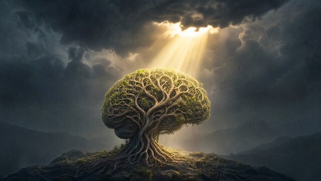 A luminous sunbeam breaks through storm clouds to illuminate a human brain model made of intricate, healthy tree roots.