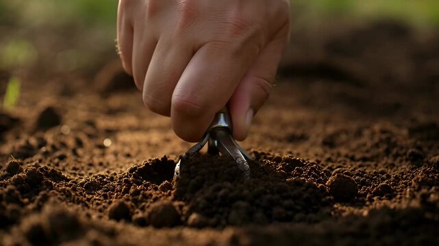 Gardener Hand Using Hand Fork Tool to Loosen Rich Dark Soil in Garden Bed, Close-up on Agricultural Activity
