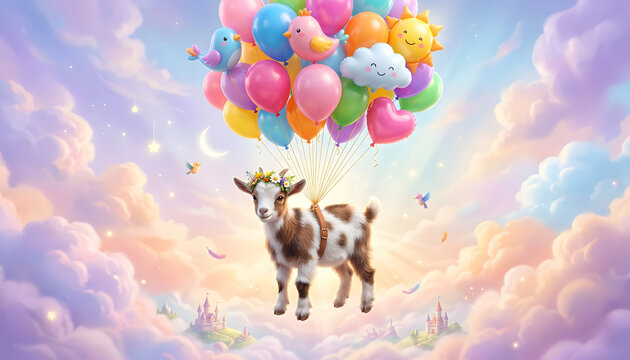A whimsical goat suspended in the sky, joyfully floating amongst colorful balloons and fluffy clouds, with tiny castles and flying creatures adding to the dreamlike atmosphere