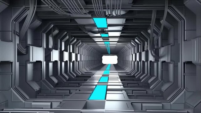 宇宙船の通路でチタン構造体とシアンの誘導ラインが構築されるインフラ背景