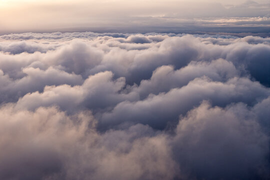 Aerial view of dense cumulus clouds with soft sunlight at sunset over Mono County, California, United States.