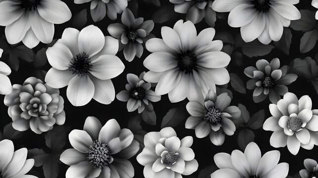 Black and white floral pattern with dahlia and daisy-like flowers