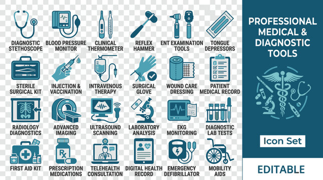 A collection of professional medical and diagnostic tools icons on a transparent background
