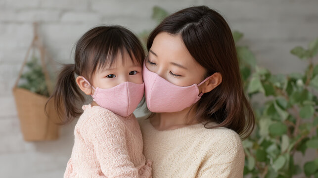 Asian mother and daughter wearing matching pink face masks together looking at camera with face mask