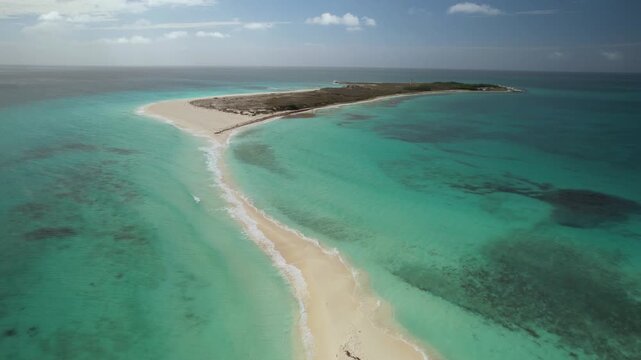 Luxury tropical aerial drone footage featuring turquoise Caribbean waters and pristine white sandbanks in Los Roques, Venezuela