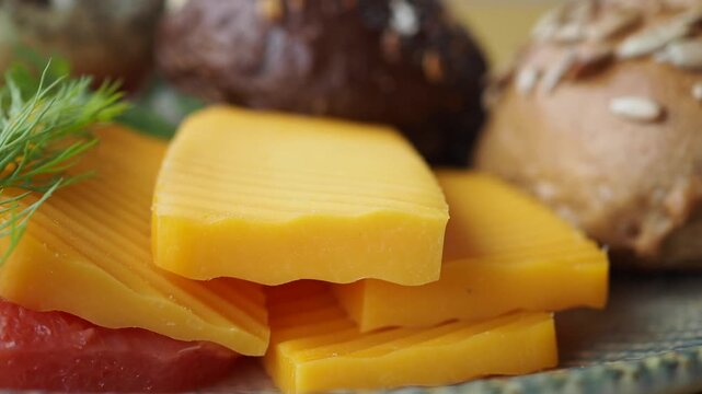 Cheese slices with bread rolls on a plate