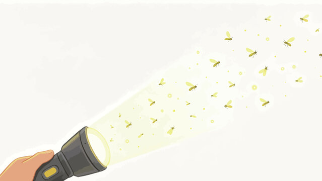Soft whimsical gentle illustration of a hand holding a flashlight, glowing fireflies emerging from the warm yellow light beam against clean white negative space