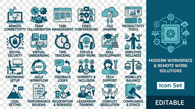 The modern workspace and remote work solutions icons illustrate productivity.