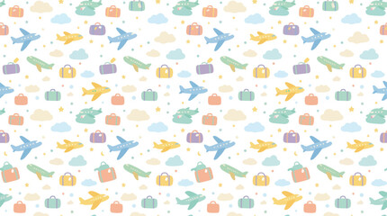 Obraz premium Cute Flat Design Travel Aviation Seamless Pattern with Airplanes, Luggage, and Clouds for Childish Backgrounds.
