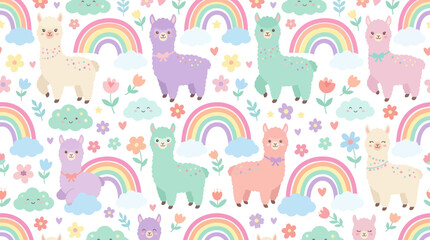 Naklejka premium Cute Llama Rainbow Seamless Pattern, Flat Cartoon Vector Illustration for Children's Nursery Whimsical Design