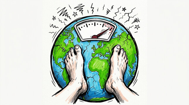 World Population Day An evocative illustration portraying the critical state of Earth's health, with an overweight planet on a weighing scale, symbolizing environmental burden and ecological imbalance