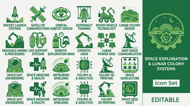 Space icons depict various spacecraft and lunar colony systems on a green and white background