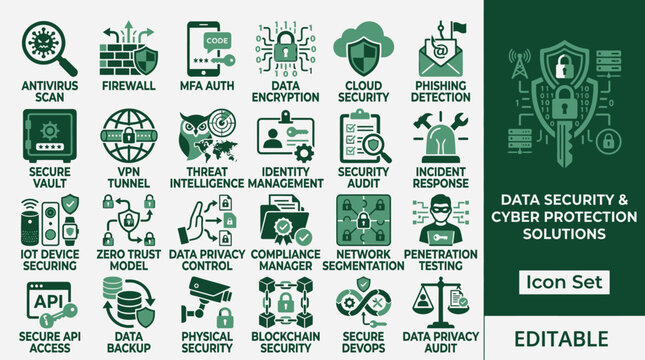 Data security icons illustrate protection solutions for cyber threat defense and safety measures.