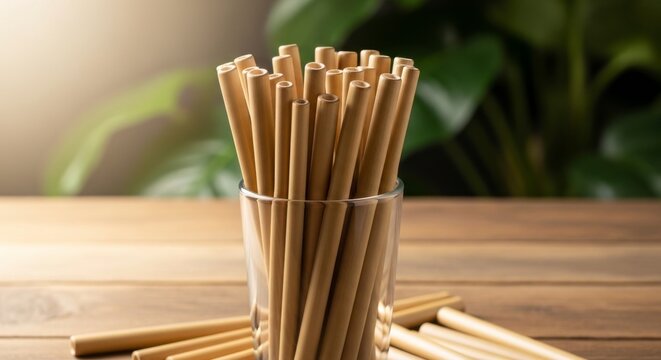 Bundle of wooden sticks in clear glass vase on wooden table