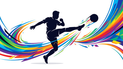 Fototapeta premium A soccer player kicks a colorful bola in a dynamic sports scene with motion lines.