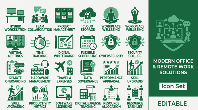Modern office and senior work solutions icons on a desk