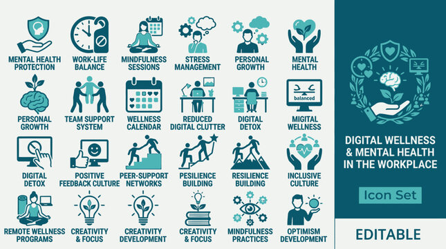 A collection of digital wellness and mental health icons on a white background showcasing various aspects of modern life and technology.