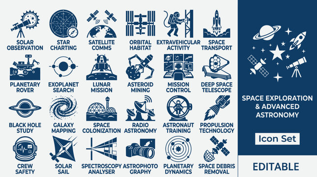 Space icons depict various astronomy and space exploration elements on a blue background