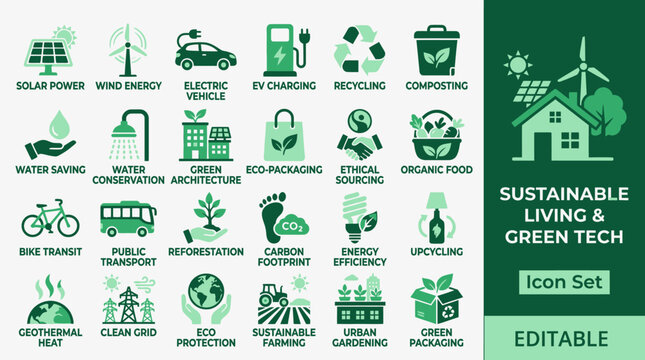 Sustainable living icons depict eco-friendly practices and green tech solutions in a modern setting.