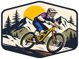 Naklejka premium Dynamic outdoor vector emblem featuring a downhill mountain biker racing through rugged trails with mountain scenery, pine forests, and a bright sun backdrop in a bold vintage-inspired badge style.