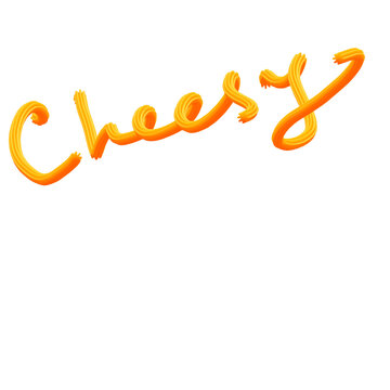 Cheesy word in orange pasta or cheese string font, isolated on transparent background