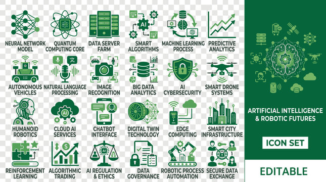 A futuristic illustration showcases various icons representing artificial intelligence and robotic concepts on a transparent background.