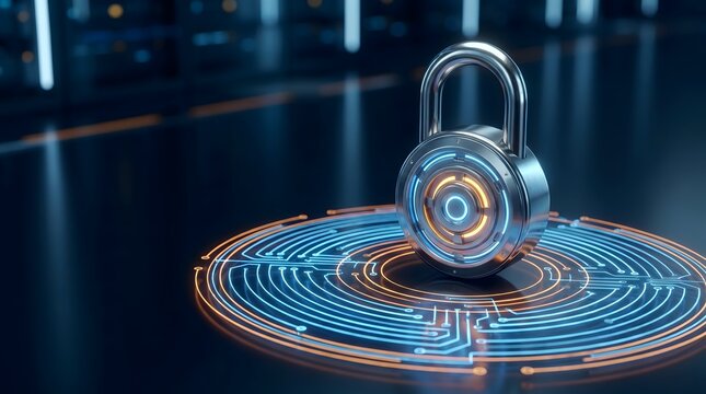 Glowing padlock on digital circuit board background. Cybersecurity, data protection, privacy concept and internet technology security.