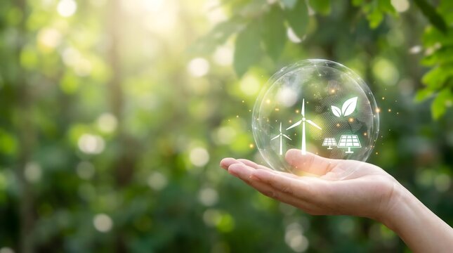 Concept of green energy and environment preservation. Hand holding glowing transparent globe with wind turbines, solar panels and leaves inside against natural blurred background.