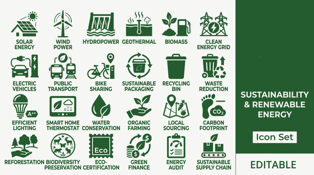 Sustainable energy icons showcase various eco-friendly power sources and practices