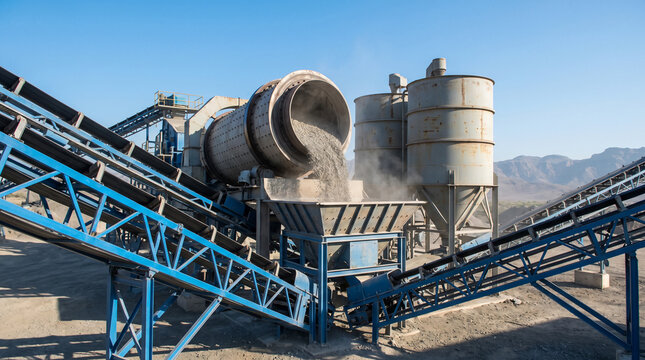 Large aggregate crushing plant processes gravel and stone with extensive conveyor belts. Industrial construction material production