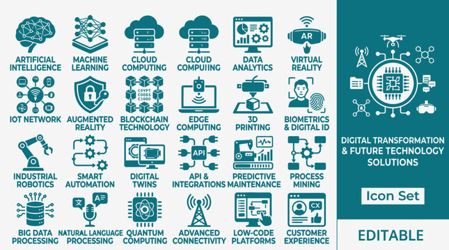 Digital icons represent various future technology solutions in a modern setting with artificial intelligence