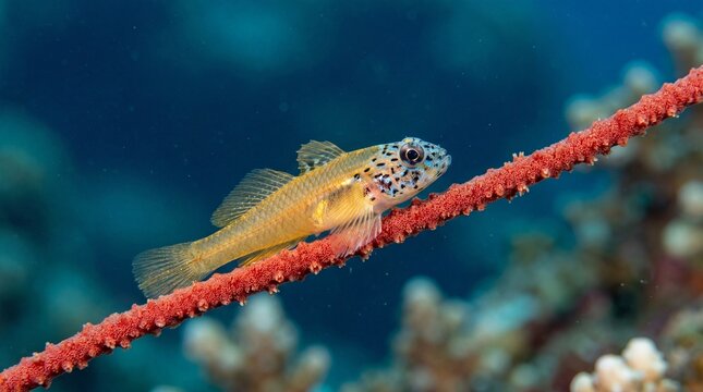 Tiny Goby Fish Resting on Red Whip Coral Underwater